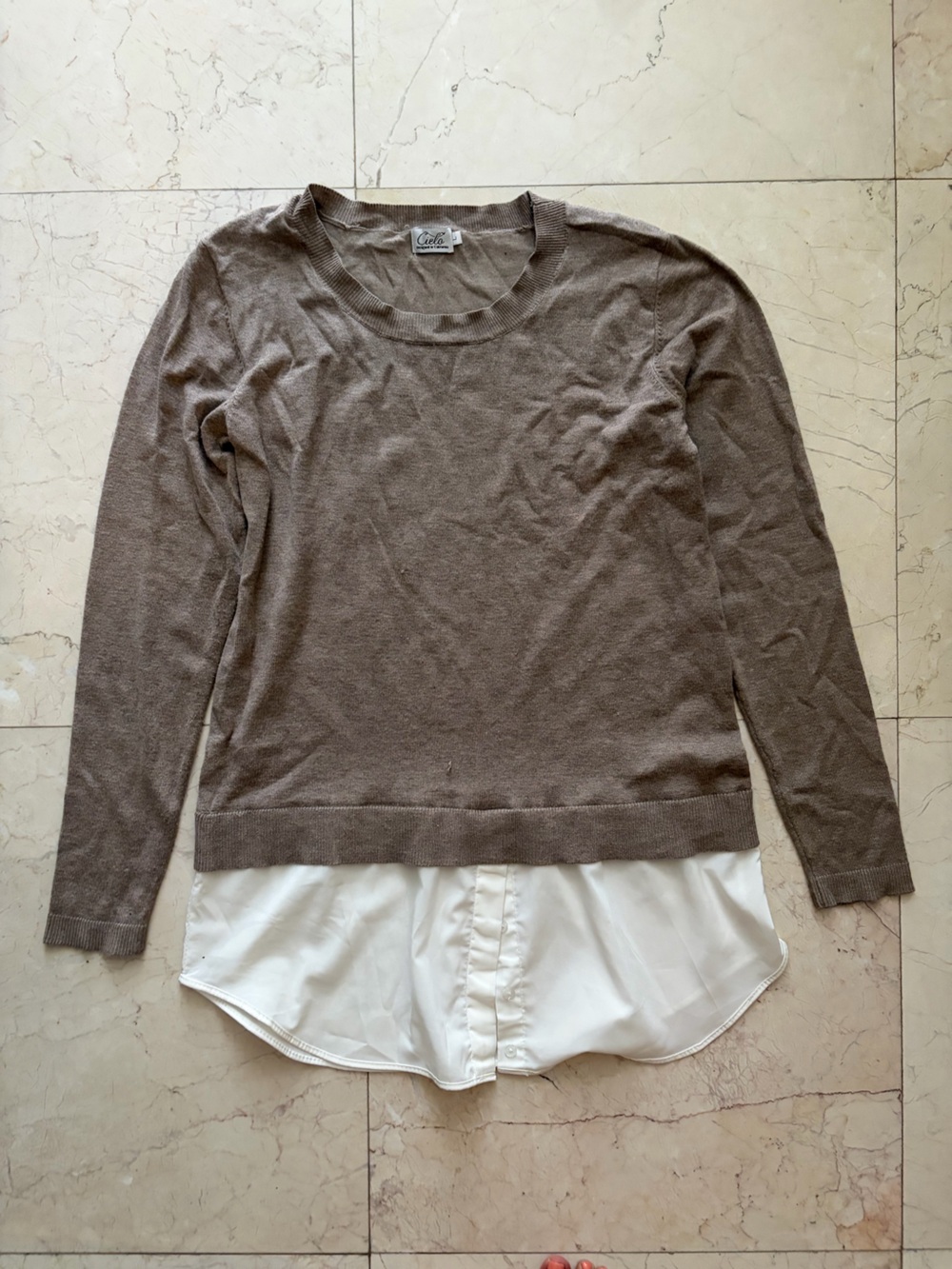 Layered Brown Sweater Top with Attached White Shirt Hem